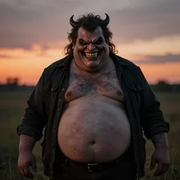 of radioactive morbidly obese farmer supervillain, evil grin, sharp teeth, after sunset, mysterious lighting