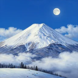 a beautiful detailed painting of snow mountain, blue moon shining in sky by greg rutkowski and thomas kinkade, trending on artstation. by studio ghibli painting, clouds, wide angle, by joaquin sorolla rhads leyendecker, by ohara koson and thomas kinkade, traditional japanese colors, superior quality, masterpiece