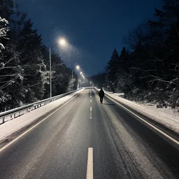 walking on an empty snowy highway at night