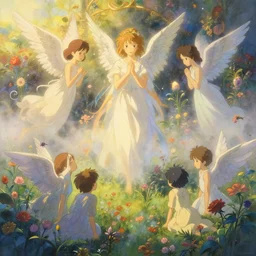 the flower magic garden with angels emerges from the fog, atmospheric lighting, golden hour, intricate painting by greg rutkowski, rhads, ferdinand knab, makoto shinkai lois van baarle, ilya kuvshinov, rossdraws, tom bagshaw