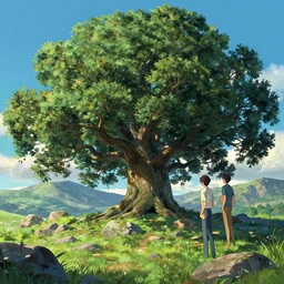A landscape with a giant oak tree in the rocky mountains, Low level, rendered by Beeple, Makoto Shinkai, syd meade, simon stålenhag, environment concept, synthwave style, digital art, unreal engine, WLOP, trending on artstation, 4K UHD image, octane render,