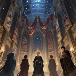 magician's lair of wizards with giant walls and glass ceilings showing the stars and hanging silk drapery and tapestries, light dust, magnificent, close up, details, sharp focus, elegant, highly detailed, illustration, by Jordan Grimmer and greg rutkowski and PiNe(パイネ) and 薯子Imoko and 香川悠作 and wlop and maya takamura, intricate, beautiful, Trending artstation, pixiv, digital Art