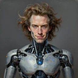 perfectly centered portrait, front view of a beautiful biomechanical android alien mark zuckerberg fawkes robot, male, flowing hair, intense stare, sarcastic smile, symmetrical, concept art, intricate detail, volumetric shadows and lighting, realistic oil painting by tim hildebrandt and greg rutkowski,