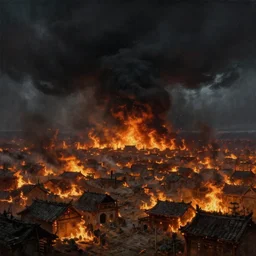 an ancient city on fire, firestorm, a black void in the sky, stormy clouds, wide perspective, low perspective, burning village, highly detailed digital art, cinematic, dark moody colors, hyper realism, oil on canvas, trending on Artstation, octane render