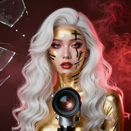 , woman in gold, high sharpness, zeiss lens, fashion photo shoot, neon shadows, long white wavy hair, in the background of red smoke, they have gasoline on their face, neon eyes, black lines, broken glass, ralston crawford, georgia totto o'keeffe,, artistic, beautiful face, octane rendering