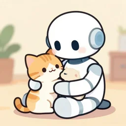 a robot cuddling kittens, cartoon