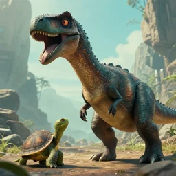film still of yoshi in the new sci - fi movie, upright dinosaur with a small turtle shell and long tongue, 8 k