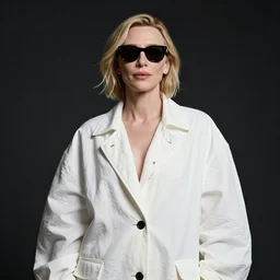 detailed attractive characther portrait of cate blanchett wearing oversized nilon white luxury jacket and wearing sunglasses, realistic, wide angle, dramatic light 8 k
