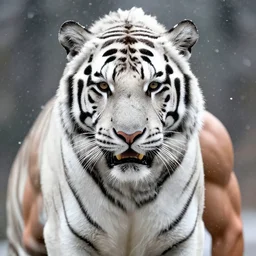 close-up face portrait of muscled Denise Richards mounted on a fierce large white tiger, wintery scene, snow storm, Donato Giancola, Mark Brooks, Ralph Horsley, Charlie Bowater, Artgerm, Christopher Balaskas, Bastien Lecouffe-Deharme