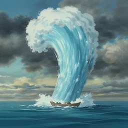 a wholesome animation key shot a giant swirling column of water rising up from the ocean, single small boat, omnious clowds, stormy skies, by studio ghibli, animation, sharp, rendered in unreal engine 5, focused, anime key art by greg rutkowski, bloom, dramatic lighting
