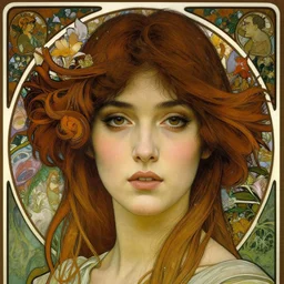 hyper-realistic detailed face portrait of young woman in a garden woman by Alphonse Mucha, Ayami Kojima, Amano, Charlie Bowater, Karol Bak, Greg Hildebrandt, Jean Delville, and Mark Brooks, Art Nouveau, Neo-Gothic, gothic, rich deep moody colors