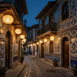 winding street at midnight in a very old very beautiful city by George Price Boyce and Vermeer and William Dyce, glowing paper lanterns, strong dramatic cinematic lighting , ornate tiled architecture, lost civilizations, smooth, sharp focus, extremely detailed