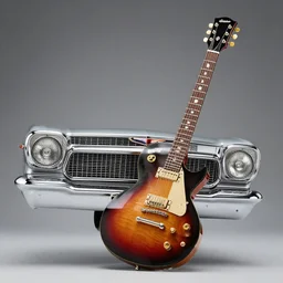gibson es - 3 3 5 guitar made from a 5 7 chevy chrome grill and headlights floating over soundwaves, rock and roll, music, cables, sound, fire, new art nouveau, mucha, rat fink, hot rod, moebius,