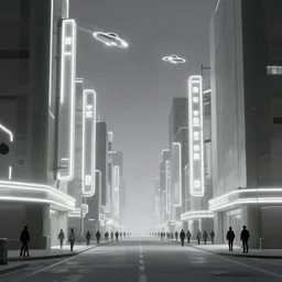 streetscape, simple brutalist architecture, white neon lights, neon signs, flying vehicles, pedestrians, greg rutkowski, syd mead, ralph mcquarrie, concept art, matte painting, finely detailed, minimal artifacts, rule of thirds, dynamic lighting, cinematic, denoised, centered, artstation