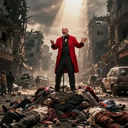 cinematic scene of a bald comedian in red coat performing comedy show on top of dead bodies in streets of an apocalyptic metropolis destroyed after war, dramatic lighting, insane details