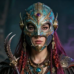 raven claw shaman, portrait of a beautiful woman in ornate chem protection mask, sci - fi, post apocalyptic, high detail, vibrant colors, face, by gaston bussiere, bayard wu, greg rutkowski, auguste bourotte, bastien deharme, masterpiece, sharp focus, cinematic lightning