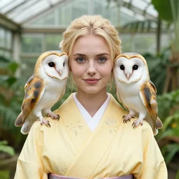 photo portrait of very pretty!!! woman!!!, wearing a yellow kimono!!, young blonde female.. symmetric face!. round detailed eyes!!, slight smile. very detailed barn owl on her shoulder!!!. in a tropical greenhouse. elegant, highly detailed, symmetry, smooth, sharp focus, aero ektar lens. bo