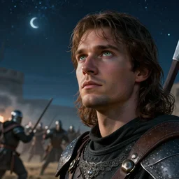 close up cinematic artwork of medieval commander in his late twenties with medium long brown hair and green eyes, looking up at to the night sky while warriors fight near him by greg rutowski, 4 k, masterpiece