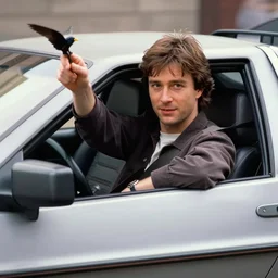 marty mcfly riding in a delorean flipping the bird out the window