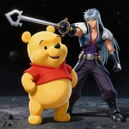 Winnie the Pooh wielding a keyblade fighting Sephiroth in space, HD, 4k, detailed, Digital Art