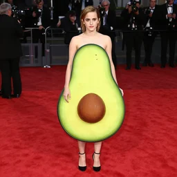 emma watson wearing an avocado shaped dress, standing in the middle of red carpet under spotlight