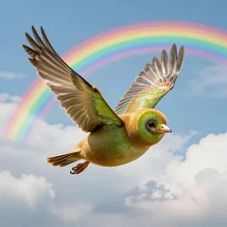 a kiwi bird flying in the clouds, there is a rainbow behind it, detailed, 8k