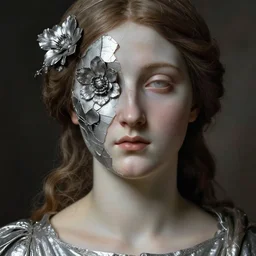 hyperrealism close - up mythological portrait of a medieval woman's shattered face partially made of silver color flowers in style of classicism using the fibonacci golden ratio, pale skin, wearing silver dress, dark and dull palette