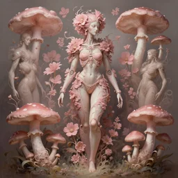 organic cyborg, pink flowers and mushrooms, diffuse lighting, fantasy, intricate, elegant, highly detailed, lifelike, photorealistic, digital painting, artstation, illustration, concept art, smooth, sharp focus, art by john collier and albert aublet and krenz cushart and artem demura and alphonse mucha