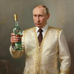 vladimir putin wearing a dress and holding a bottle of arak, cinematic, beautiful digital painting, hyper detailed