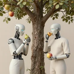 minimalist hyperdetailed photorealistic cyborgs under a big tree, eating interesting elaborate fruits, with simple clothing. in the style of Caravaggio, with liberty cyberpunk and flemish baroque mixed media elements. beautiful! accurate hyperrealistic soft pastel tones. matte background HD 8x