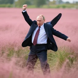 vladmir putin dancing in a field of pink grass, hyper realistic, extremely detailed, dynamic lighting