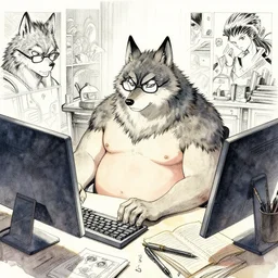 obese werewolf wearing glasses, sitting in front of a computer, messy bedroom, pen and ink, intricate line drawings, by Yoshitaka Amano, Ruan Jia, Kentaro Miura, Artgerm, watercolor,