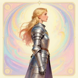side profile portrait, medium shot, imogen poots, paladin, gloomhaven, armor, colorful swirly magic ripples, art nouveau, pastel colours, by greg manchess, huang guangjian, sachin teng, greg rutkowski, jesper ejsing, ilya kuvshinov