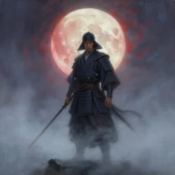 Samurai and the blood moon, oil painting by James Gurney, ethereal fantasy hyperdetailed mist Thomas Kinkad