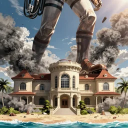 joe biden, as the colossal titan, stomping a florida mansion with massive foot, attack on titan, anime key visual, wit studio official media, beachfront mansion, huge mansion, giant stomping foot, smoke rubble