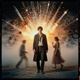 kodak portra 4 0 0, wetplate, colours, the walking dead, 1 9 1 0 s style, motion blur, portrait photo of a backdrop, explosions, rockets, bombs, sparkling, fog, by georges melies and by britt marling