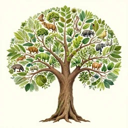 tree of life showing various animal and plant species as leaves, digital art, highly detailed
