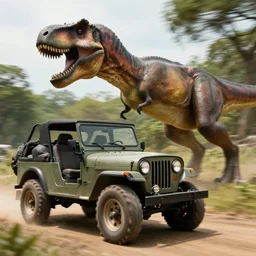 Scene from Jurassic Park, Jeep, T-Rex, motionblur photography