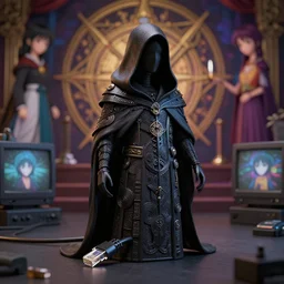 cinema 4 d colorful render, cult, black mass, crt, coded humanoid, hooded robbed dark ceremony, ethernet cable, black mass, extremely detailed, insanely detailed and intricate, high detail, ordo templi orientis background, depth field, unreal engine, deep focus, movie still, dramatic lighting, by michal karcz and yoshitaka amano, 4 k concept art and hyper realism