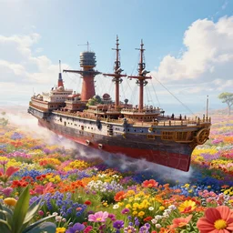 a fantasy battle ship fly upon a sea of flowers, wide apertture, colorful, trending on artstation, 8 k resolution, ultra detailed, hyperrealism, unreal engine render
