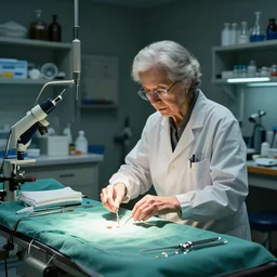 an environmental concept art of an elderly female scientist in a cluttered workshop, surigcal impliments, surgery table, highly detailed, cinematic, dramatic