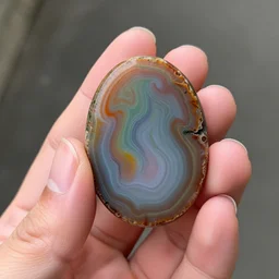 hand photography, discernible normal hand with thumb and four fingers, holding a colorful - patterned moss agate