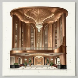 interior design plans for a hotel on paper. the hotel is retro futuristic, art deco, bronze.