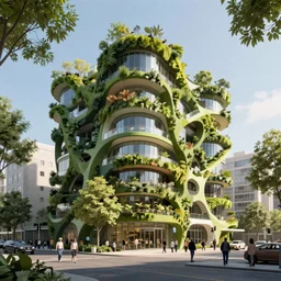 organic green building in city designed by zaha hadid and stefano boeri with trees and people walking, cinematic, ray traced, octane render, cinematic lighting, vfx film, ultrarealistic, featured on artstation, 8 k