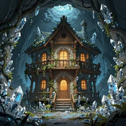 in the underground crystal mine, there is a wooden house villa wrapped by vines ) ) ) ) ) ) ) ) ) ). the walls of the villa are inserted with many cold crystals, and the atmosphere is very strong,, trending on artstation, illustrated by greg rutkowskia, 4 k digital art, the style of borderlands 2