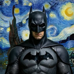 portrait of batman, mash - up between mc escher and vincent van gogh
