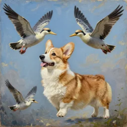 a corgi learning to fly with pelicans, oil on canvas, intricate, 8k highly professionally detailed, HDR, CGsociety