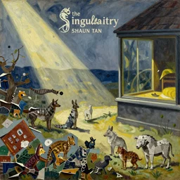the singularity with creatures by shaun tan, detailed, intricate, torn paper collage, oil on canvas by edward hopper, ( by mattias adolfsson ), by moebius