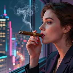Business woman smoking a cigar while she watches the city through a window, illustrated by Greg Rutkowski and Gaston Bussiere, 35mm lens, beautiful macro close-up imagery, vibrantly lush neon lighting, beautiful volumetric-lighting-style atmosphere, a futuristic atmosphere, intricate, detailed, photorealistic imagery, trending on artstation, 4k, 8k