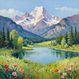 a 3 d still of mountains, a lake, trees, and flowers based on a bob ross painting.
